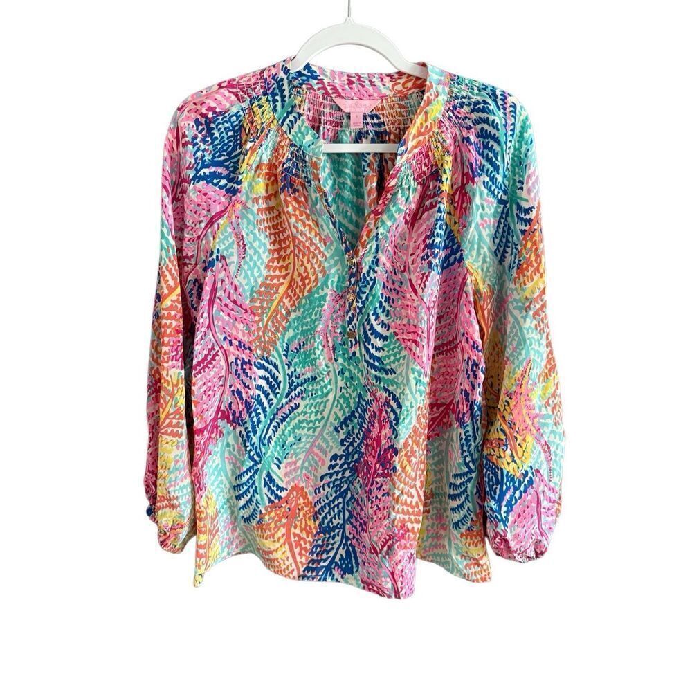 Lilly Pulitzer Womens Multicolor Electric Feel Elsa Silk Blouse Size Small